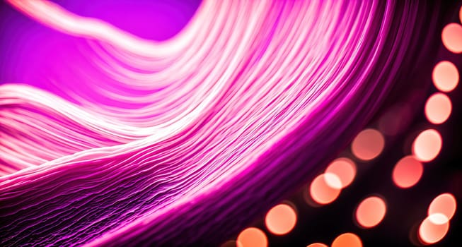 The image is a purple and pink abstract background with blurred lights in the background.
