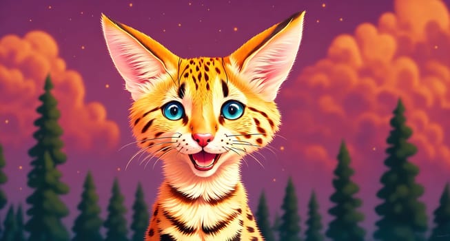 The image is a cartoon illustration of a Bengal cat with blue eyes and a fluffy coat, standing in front of a forest with trees and a full moon in the background.