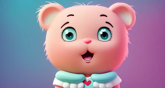 The image is a cartoon image of a cute little bear wearing a pink dress and holding a heart in its hand.