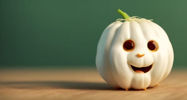 The image is a white pumpkin with a smiling face and a green stem.