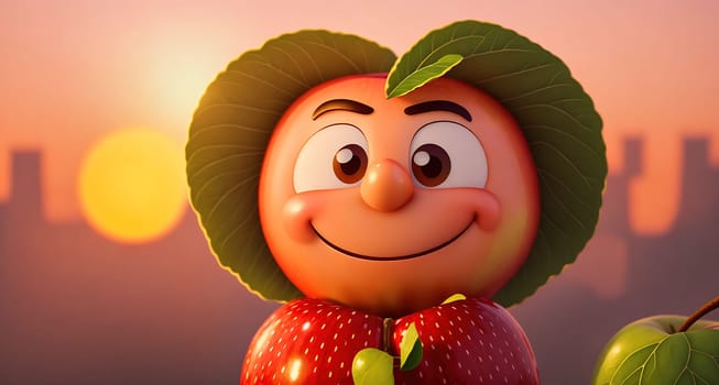 The image depicts a cartoon character wearing a green hat and holding an apple, standing in front of a sunset.