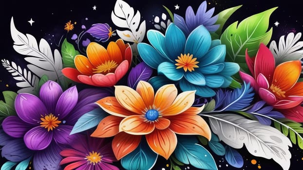 Vibrant colorful flowers set against dark background. For meditation apps, on covers of books about spiritual growth, in designs for yoga studios, spa salons, illustration for articles on inner peace