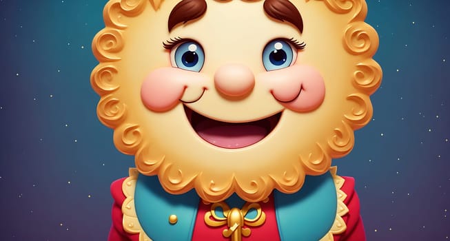 The image depicts a cartoon character wearing a red and white costume, with a happy expression on its face.