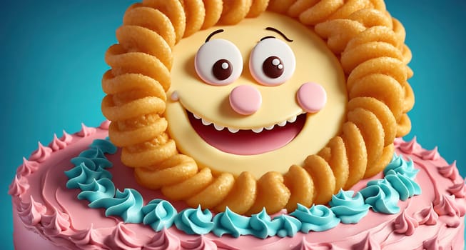 The image is a cake with a smiling face made of frosting on top.