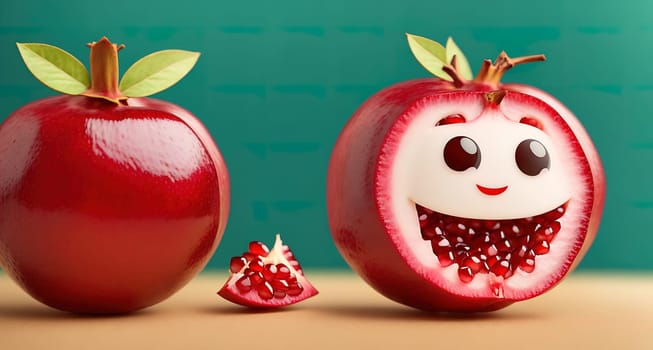 The image shows a red pomegranate with a smiling face on it.