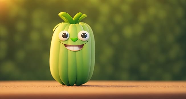 The image is a cartoon cucumber with a smiling face and a green body, standing on a wooden table.