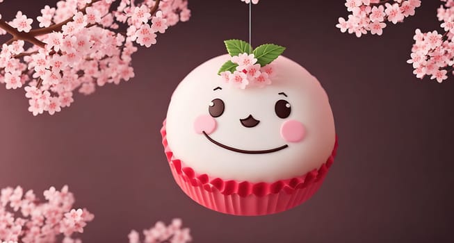 The image is a white cupcake with a smiling face on it, hanging from a string in a pink cherry blossom tree.