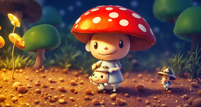 The image depicts a cartoon character standing in a forest surrounded by mushrooms, with a small child holding a mushroom in their hand.