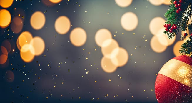 The image shows a red and gold ornament hanging from a Christmas tree with lights and decorations in the background.