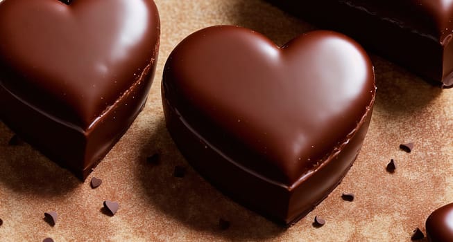 The image shows three chocolate hearts on a brown background.