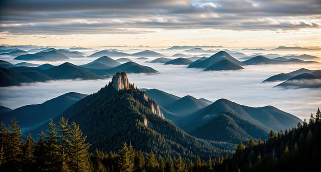 The image shows a mountain range with clouds in the background and trees in the foreground.