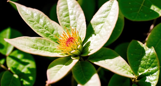 The image shows a green flower with yellow petals and leaves on a tree branch.
