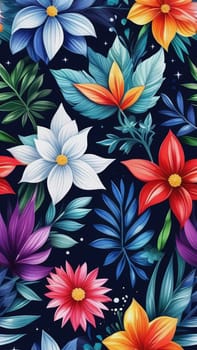 Image features striking contrast between vivid colors of flowers, dark backdrop, creating visually appealing, dramatic composition. For interior design, textiles, clothing, gift wrapping, web design