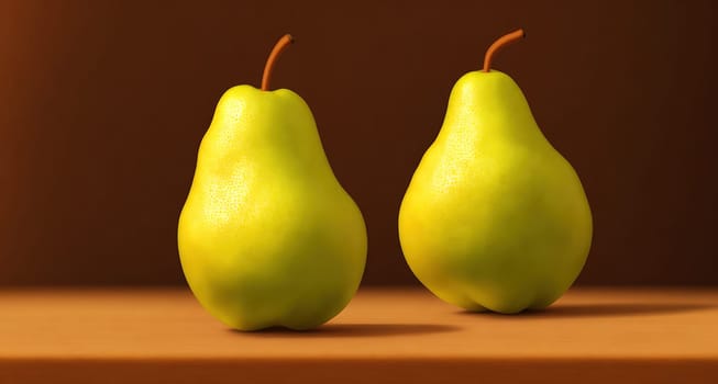 The image shows two green pears sitting on a wooden table, one of which has been sliced in half.