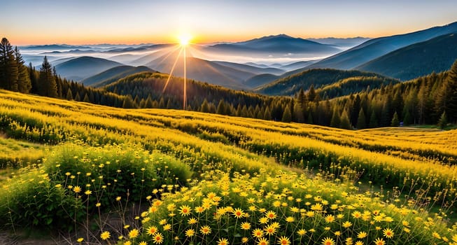 The image shows a sunrise over a field of yellow flowers with mountains in the background.