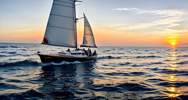 The image shows a sailboat sailing on the ocean at sunset with the sun setting in the background.