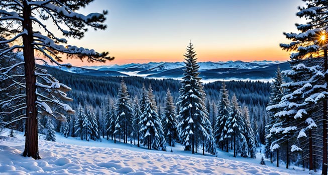 The image shows a snowy landscape with pine trees in the foreground and mountains in the background, with the sun setting in the distance.