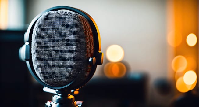 The image shows a microphone with a silver grill and a black body, sitting on a table in front of a blurred background.