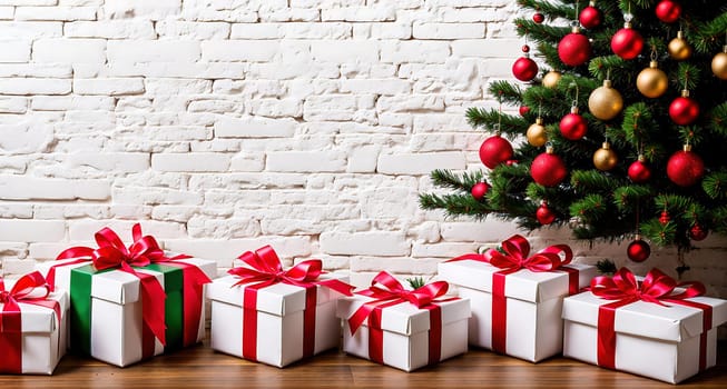 The image shows a room with a brick wall, a Christmas tree in the corner, and several presents under the tree.