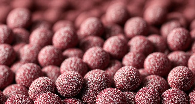 The image is a close-up of a group of red jelly beans arranged in a circular pattern on a white background.