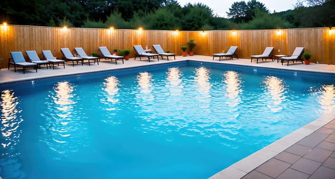 The image shows a swimming pool surrounded by lounge chairs and a wooden fence in the background.