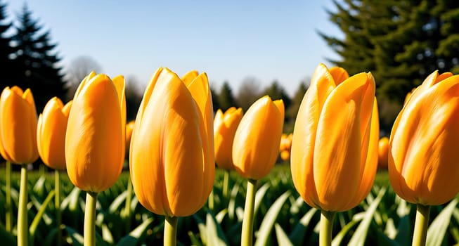 The image shows a field of yellow tulips in bloom, with the sun shining down on them.