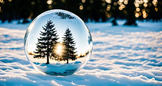 The image shows a clear glass ball with a winter scene inside, including a snowy landscape, trees, and the sun shining through the ball.