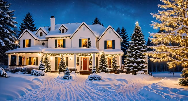 The image depicts a snowy winter scene with a white house in the center, surrounded by evergreen trees and snow covered ground.
