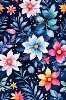 Vibrant, intricate floral design set against dark background, creating visually appealing contrast between colorful flowers, dark backdrop. For website design, advertising, greeting cards, magazines