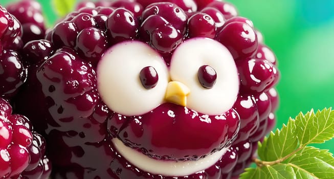The image shows a group of ripe raspberries with a smiling face on one of them.