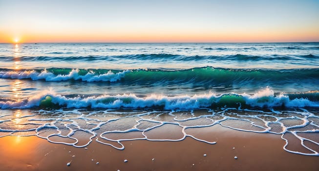 The image is a sunset over the ocean with waves crashing against the shore and a beach in the foreground.