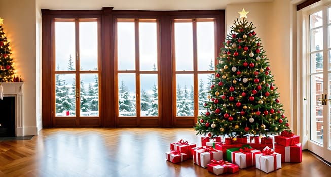 The image shows a cozy living room with a large window overlooking a snowy landscape outside, a Christmas tree in the corner, and presents on the floor.