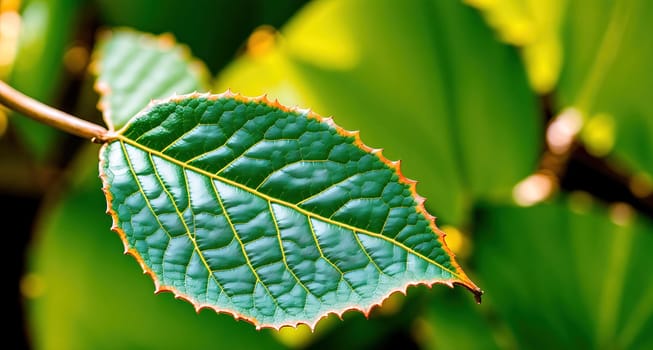 The image shows a close-up of a green leaf with veins visible on its surface.