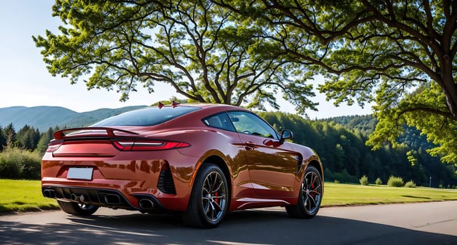 The image shows a red sports car driving down a winding road with trees and mountains in the background.