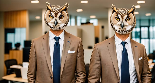 The image shows two businessmen in suits and ties standing in front of a white wall, one of them holding an image of an owl on his hand.