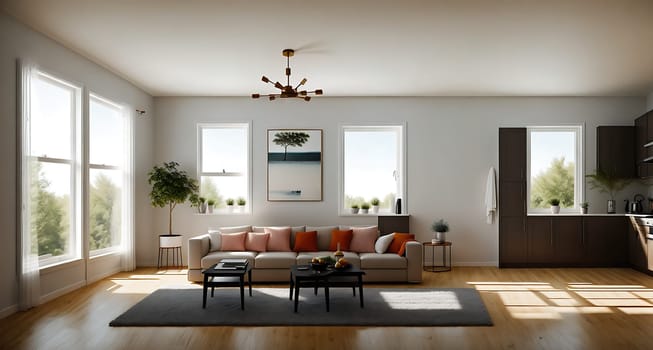 The image shows a spacious living room with white walls, hardwood floors, and large windows that let in natural light.
