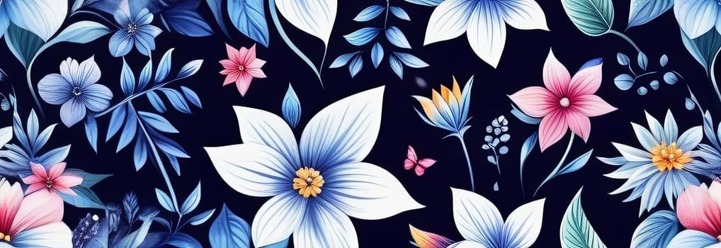 Bright colors of flowers pop out against black background, enhancing their beauty, making them focal point of image. For interior design, decoration, advertising, web design, as illustration for book