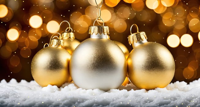 The image shows a group of gold ornaments hanging from a branch in the snow.