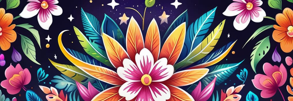 Striking, colorful flower painting with intricate details, vivid hues, beautifully contrasted against dark, black background. For interior design, textiles, clothing, gift wrapping, web design, print