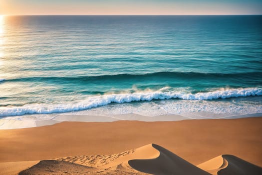 The image shows a sandy beach with waves crashing against the shore and a clear blue sky in the background.