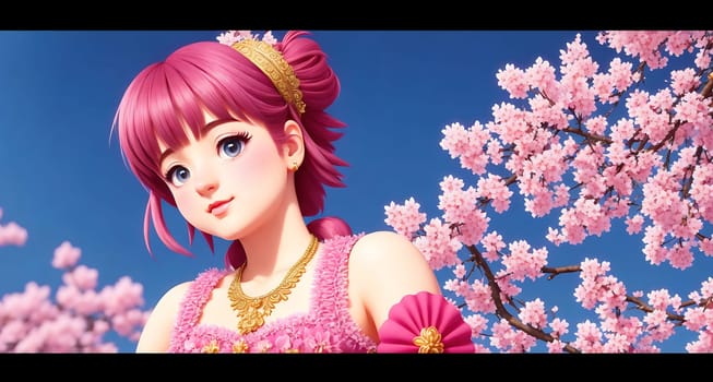 The image depicts a young woman in a pink dress standing under a blossoming cherry tree, looking up at the sky.
