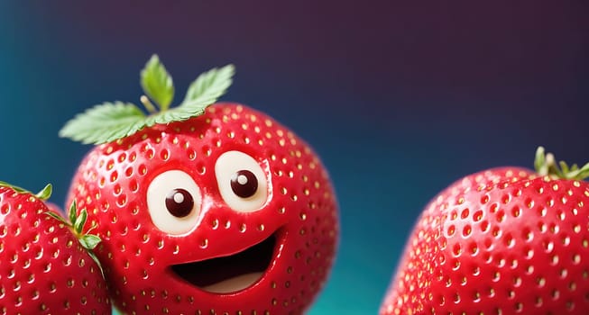 The image shows a cartoon strawberry with a smiling face and a pair of sunglasses on its head.