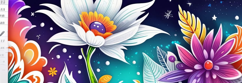 Striking, colorful flower painting with intricate details, vivid hues, beautifully contrasted against dark, black background. For interior design, textiles, clothing, gift wrapping, web design, print