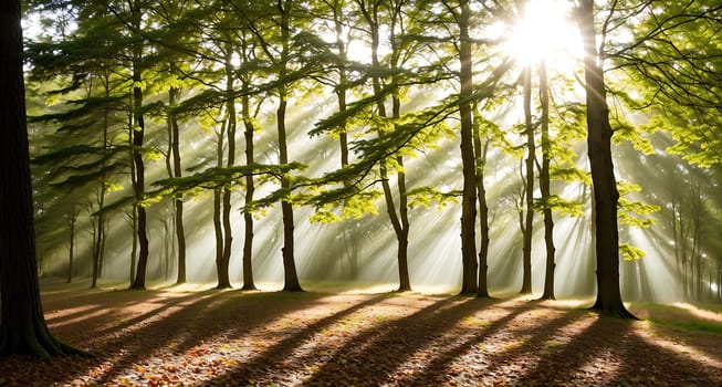 The image shows a serene forest scene with tall trees casting shadows on the ground in the early morning light.