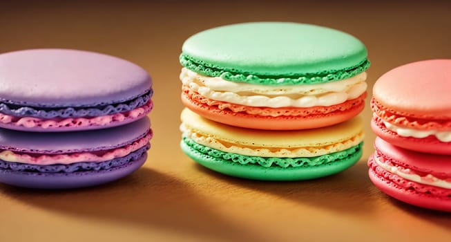 The image shows a stack of colorful macarons on a wooden surface.