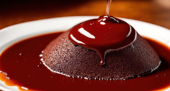 The image shows a chocolate lava cake with a drizzle of chocolate sauce on top.