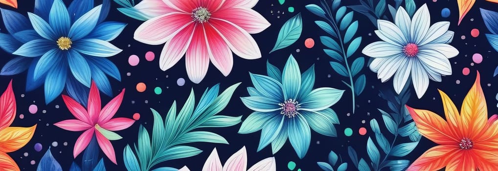 Striking, colorful flower painting with intricate details, vivid hues, beautifully contrasted against dark, black background. For interior design, textiles, clothing, gift wrapping, web design, print