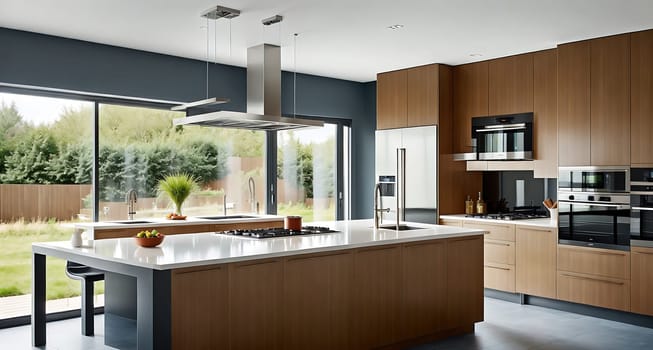 The image shows a modern kitchen with a large island in the center, a stove and oven on one wall, and a refrigerator on the other.