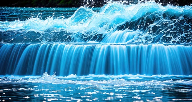 The image is a photograph of a waterfall with a large wave crashing against the rocks below.