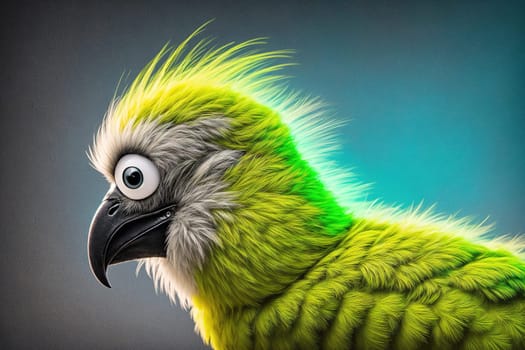 The image is a cartoon illustration of a parrot with bright green feathers and a yellow beak.